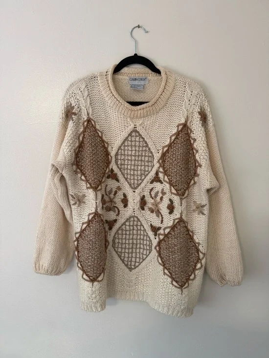 Vintage 90s Sz Lg Cottagecore Grandma Knit Chunky Neutral Sweater Patchwork Tan - Picture 2 of 16